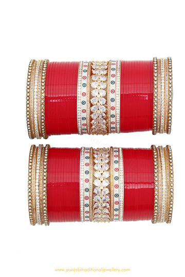 Red Colour American Diamond Dotted Bridal Chura By PTJ